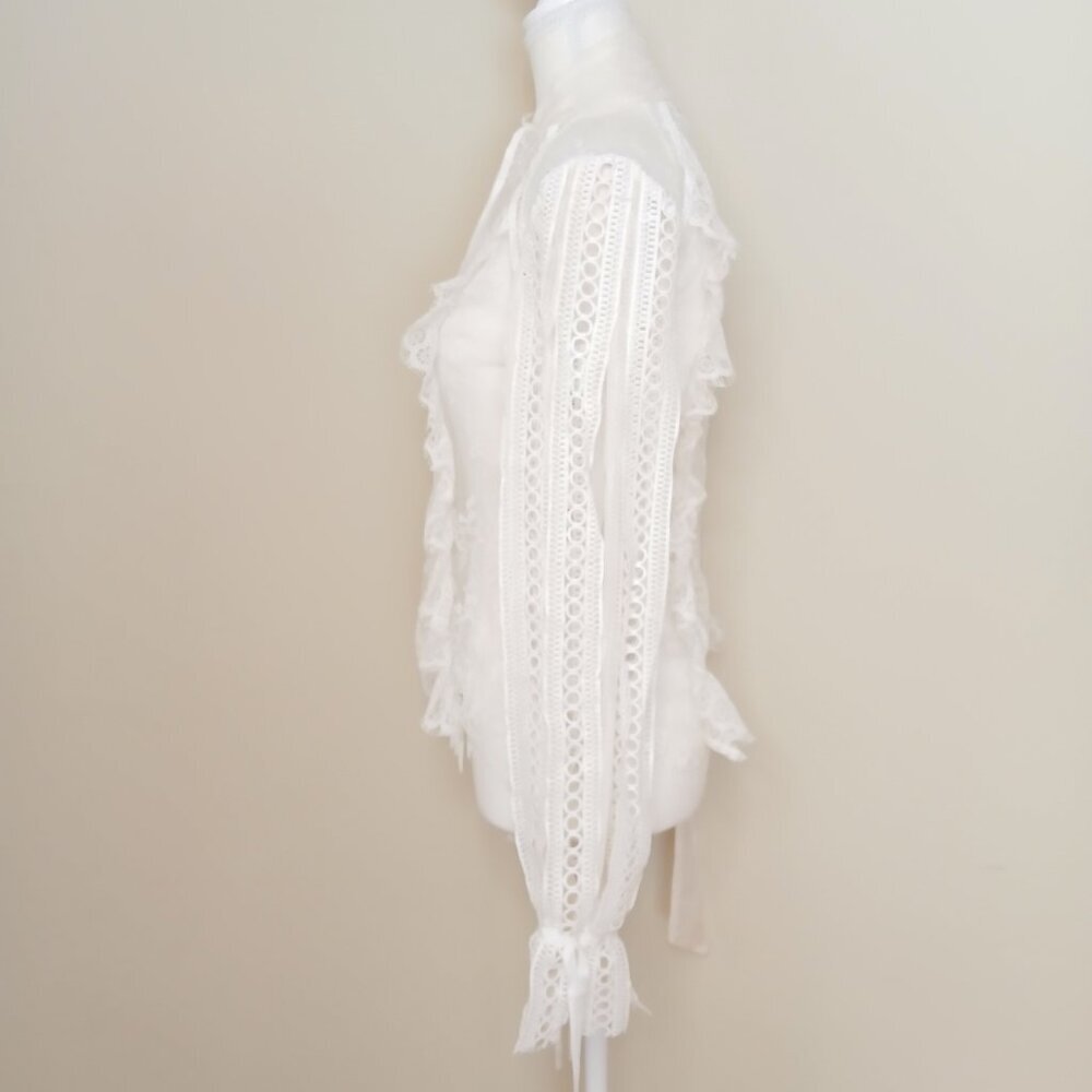Self Portrait Victorian Romantic Sheer Draped Sleeve Lace Paneled Blouse Size 2 - Picture 10 of 14